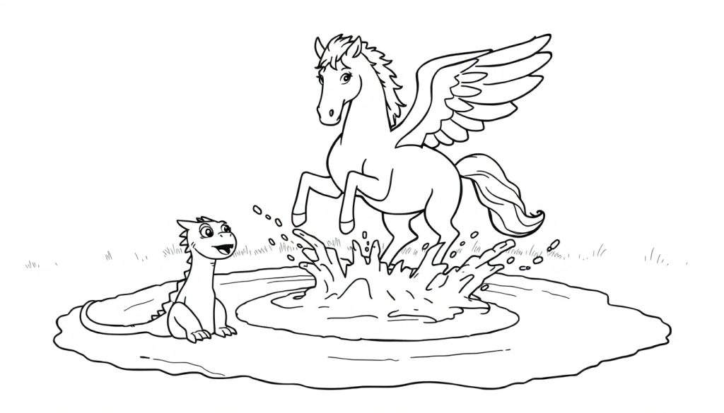 Disegno da colorare di un piccolo drago seduto in una pozza d'acqua che guarda un Pegaso alato che salta, con fili d'erba stilizzati sullo sfondo.