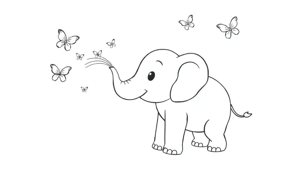 Disegno a mano libera di un elefantino sorridente che spruzza acqua dalla proboscide, con farfalle stilizzate che volano intorno. Sfondo bianco.