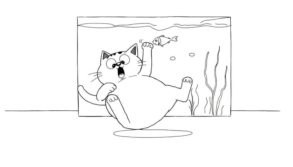 Disegno da colorare di un gatto cartone animato paffuto con espressione sorpresa che cade in un acquario, con un pesce che nuota vicino.