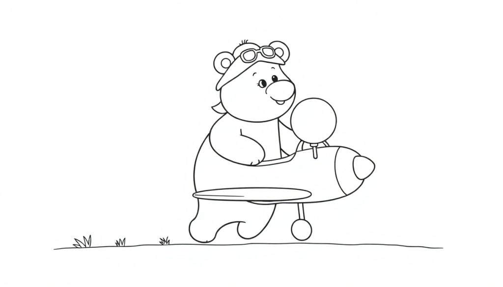 Disegno in bianco e nero di un orsetto sorridente che indossa un cappello da aviatore con occhialini, seduto su un aeroplano con elica e ruote, pronto per partire, con erba sotto.