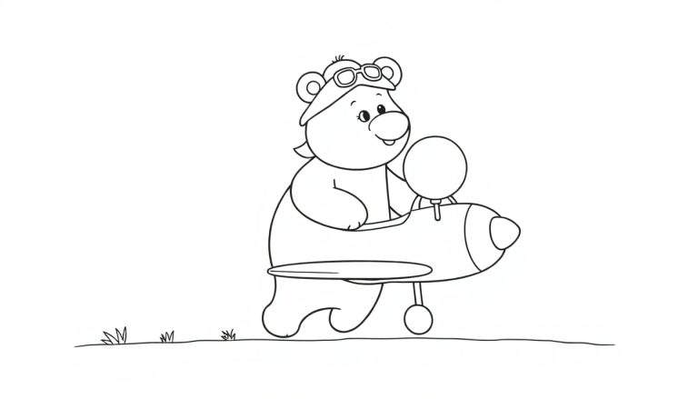 Disegno in bianco e nero di un orsetto sorridente che indossa un cappello da aviatore con occhialini, seduto su un aeroplano con elica e ruote, pronto per partire, con erba sotto.