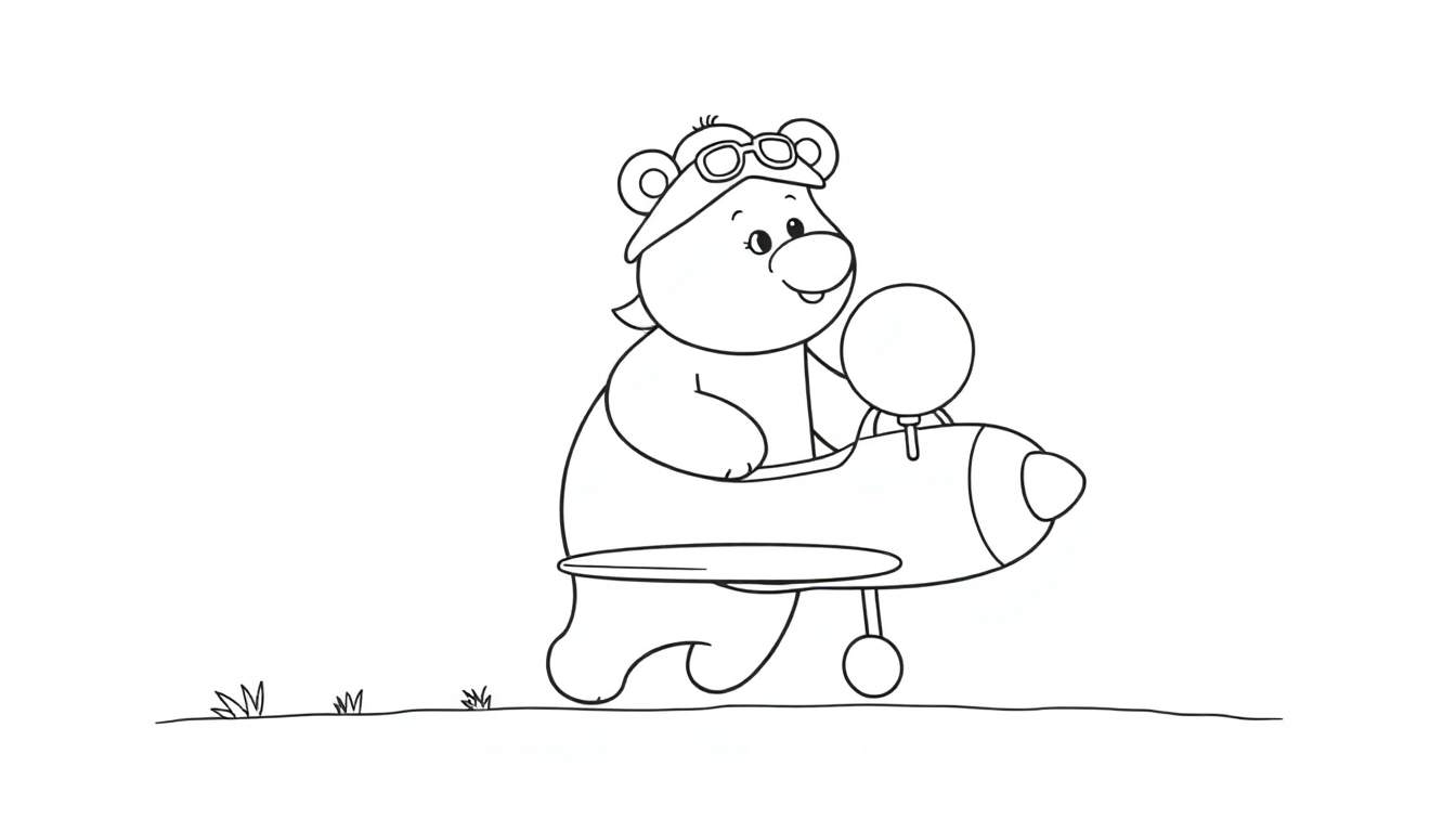 Disegno in bianco e nero di un orsetto sorridente che indossa un cappello da aviatore con occhialini, seduto su un aeroplano con elica e ruote, pronto per partire, con erba sotto.