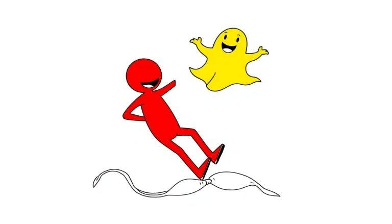 Disegno da colorare con personaggio rosso che scivola e fantasma giallo felice.