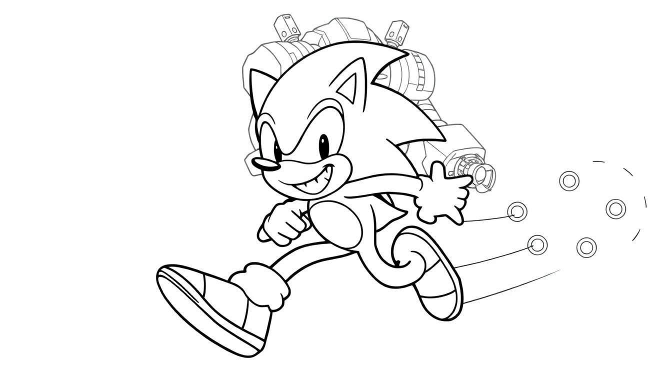Disegno in bianco e nero di Sonic the Hedgehog che corre velocemente, con dettagli che suggeriscono propulsori e anelli in movimento, pronto per essere colorato.