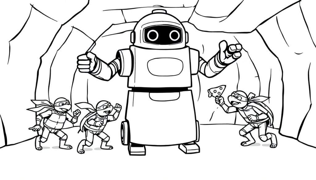 Disegno da colorare: tre Tartarughe Ninja corrono all'attacco di un robot gigante con ruote, in una grotta rocciosa. Una tartaruga ha una fetta di pizza.