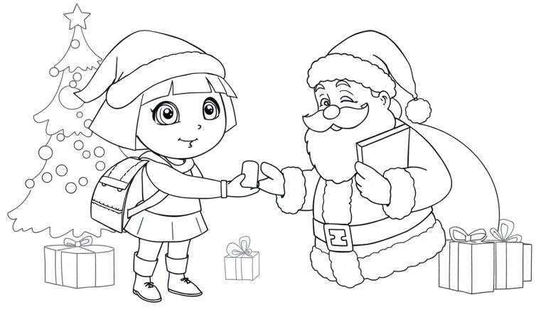 Disegno da colorare di Dora l'esploratrice che riceve un regalo da Babbo Natale vicino a un albero di Natale, con altri regali.