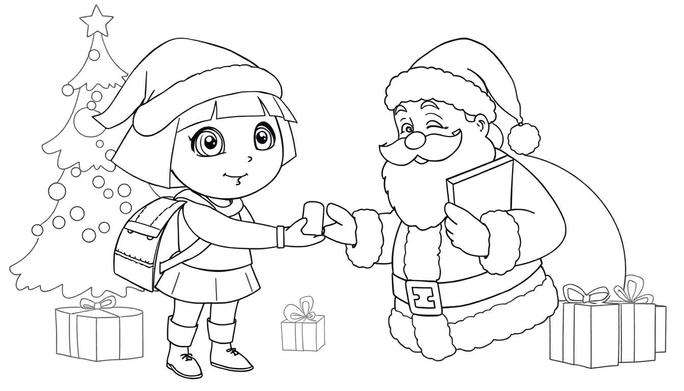 Disegno da colorare di Dora l'esploratrice che riceve un regalo da Babbo Natale vicino a un albero di Natale, con altri regali.