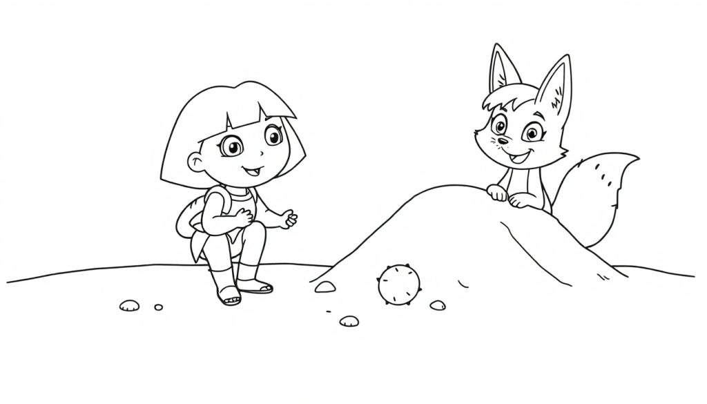 Disegno al tratto di Dora l'esploratrice e Swiper la volpe su una collina, pronto per essere colorato.