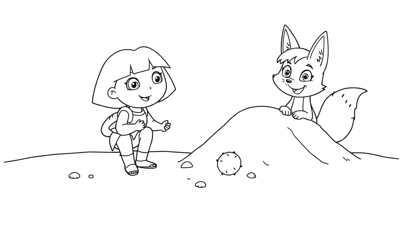 Disegno al tratto di Dora l'esploratrice e Swiper la volpe su una collina, pronto per essere colorato.