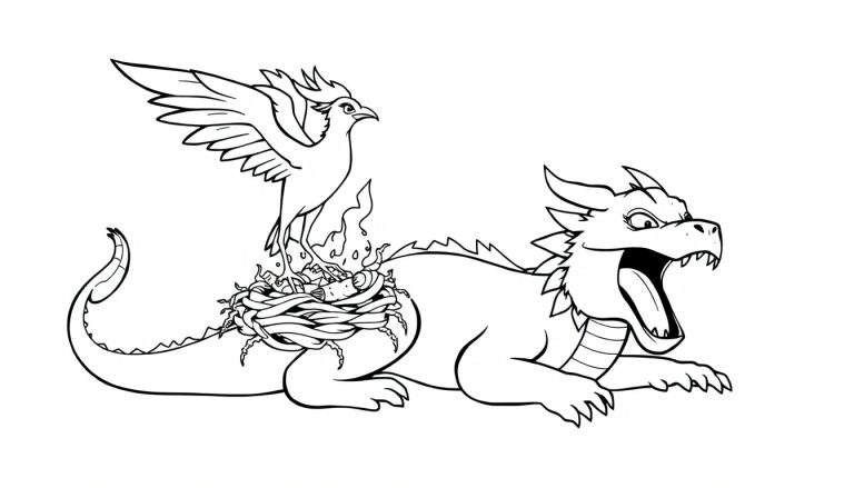 Disegno in bianco e nero di un drago cartoon su cui poggia un nido con una fenice, entrambi circondati da fiamme stilizzate. Ideale per bambini.