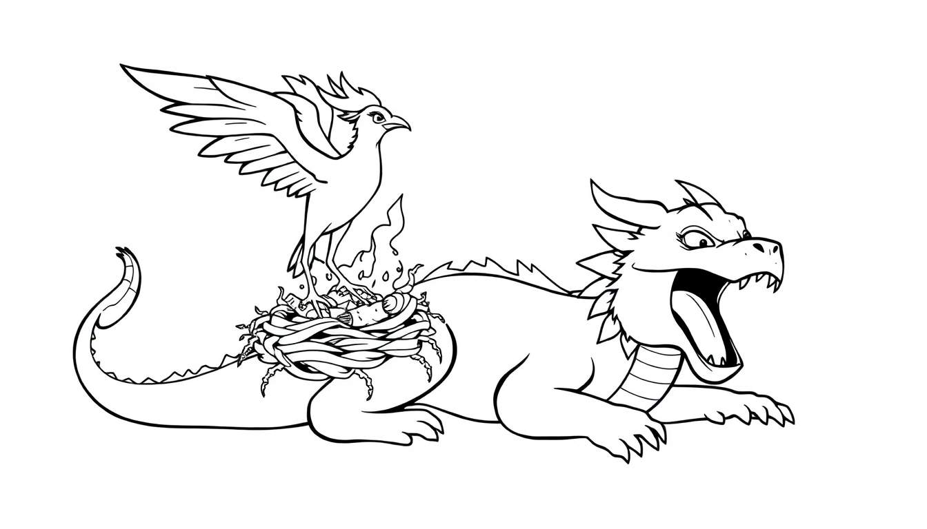 Disegno in bianco e nero di un drago cartoon su cui poggia un nido con una fenice, entrambi circondati da fiamme stilizzate. Ideale per bambini.
