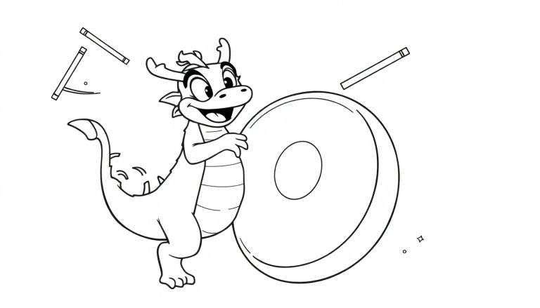 Disegno in bianco e nero di un drago cartone animato sorridente che tiene un frisbee, con bastoncini e stelle.