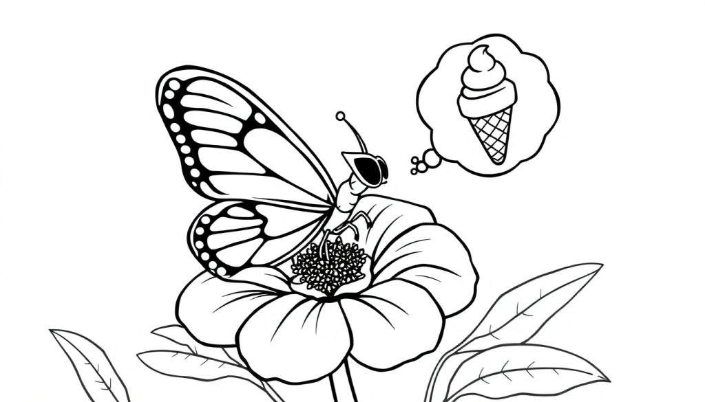 Disegno da colorare di una farfalla con occhiali da sole che pensa a un cono gelato, appoggiata su un fiore.