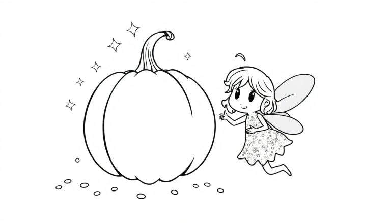 Disegno da colorare di una fata con ali che accarezza una zucca, circondata da stelline.