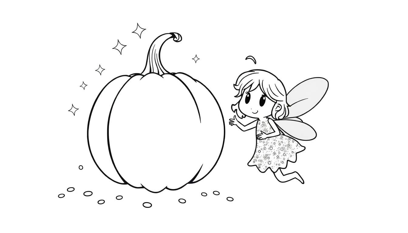 Disegno da colorare di una fata con ali che accarezza una zucca, circondata da stelline.