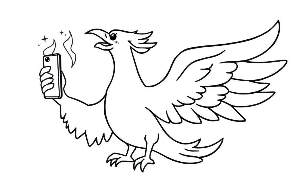 Disegno da colorare di una fenice sorridente che fa un selfie con uno smartphone da cui escono scintille.