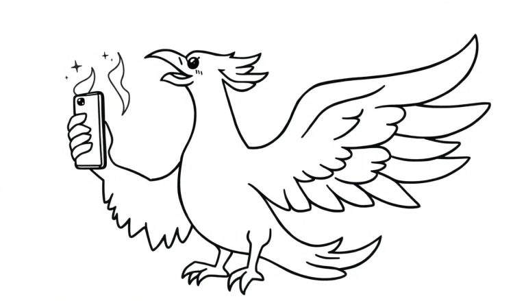 Disegno da colorare di una fenice sorridente che fa un selfie con uno smartphone da cui escono scintille.
