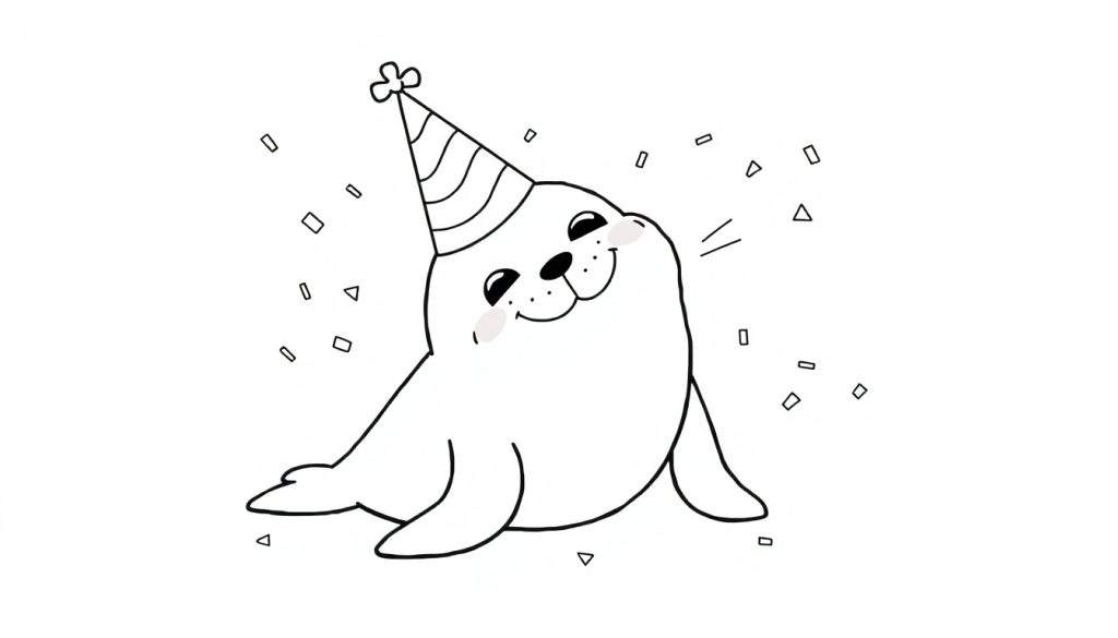 Disegno in bianco e nero di una foca felice con un cappello da festa e coriandoli.