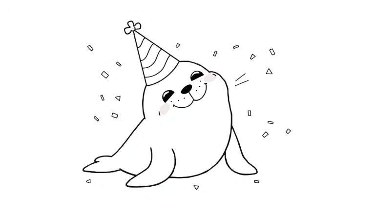 Disegno in bianco e nero di una foca felice con un cappello da festa e coriandoli.
