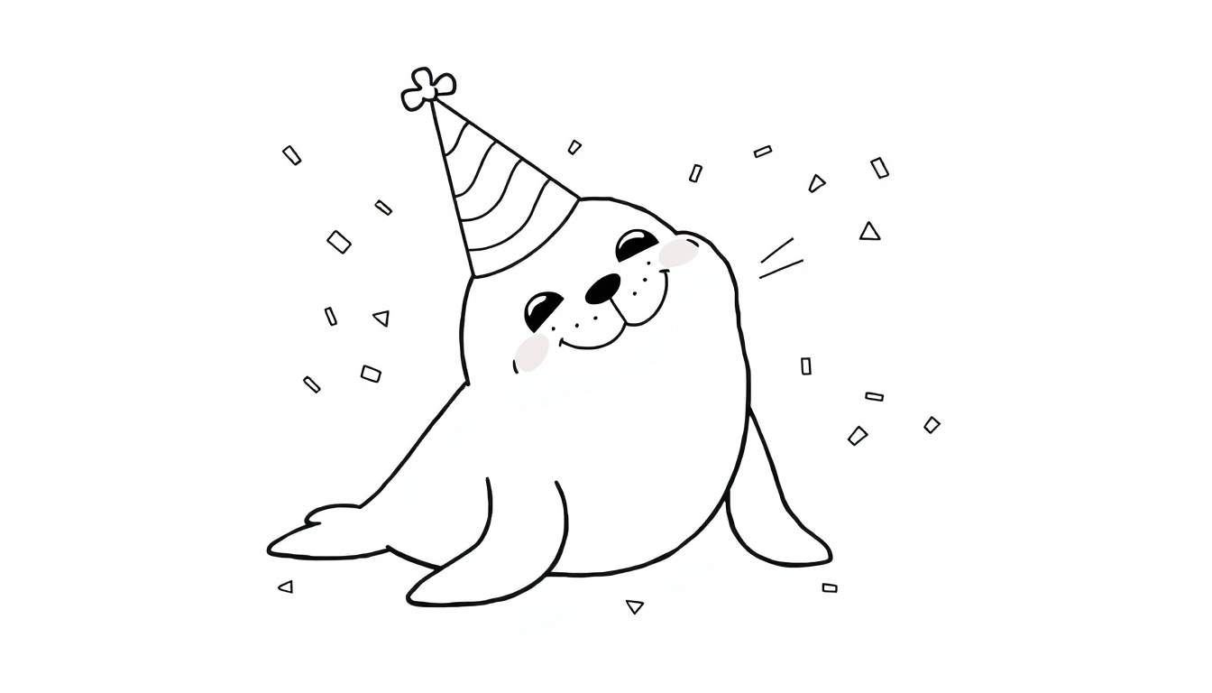 Disegno in bianco e nero di una foca felice con un cappello da festa e coriandoli.