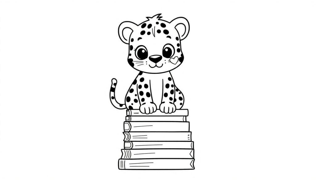 Disegno da colorare di un gattino stilizzato con macchie di leopardo seduto su libri.