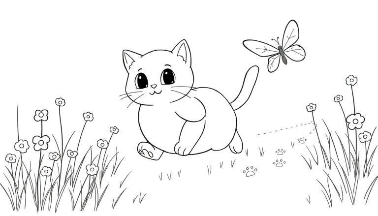 Disegno al tratto di un gatto bianco stilizzato che insegue una farfalla bianca in un prato con fiori e impronte.