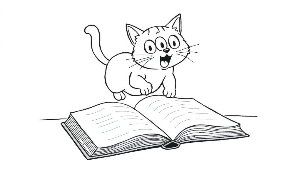 Disegno da colorare di un gatto con tre occhi che salta su un libro aperto. Il gatto è sorridente con la bocca spalancata e le orecchie dritte.