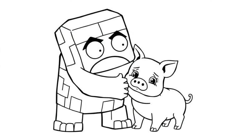Disegno da colorare di un golem amichevole che consola un maialino triste.