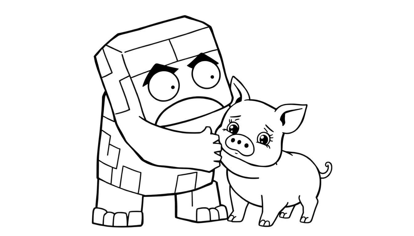 Disegno da colorare di un golem amichevole che consola un maialino triste.