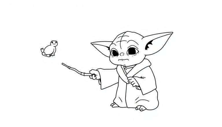 Disegno da colorare di Grogu (Baby Yoda) che tiene un bastoncino, con una piccola rana di fronte, in stile Star Wars.