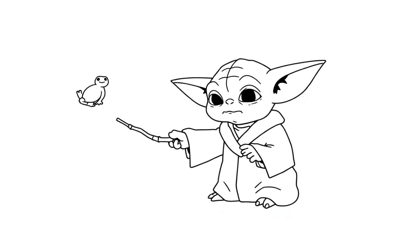 Disegno da colorare di Grogu (Baby Yoda) che tiene un bastoncino, con una piccola rana di fronte, in stile Star Wars.