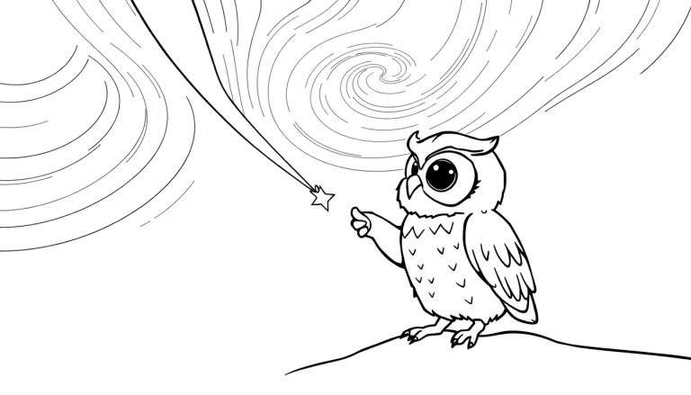 Disegno da colorare di un gufo che osserva una stella cadente dal suo ramo.
