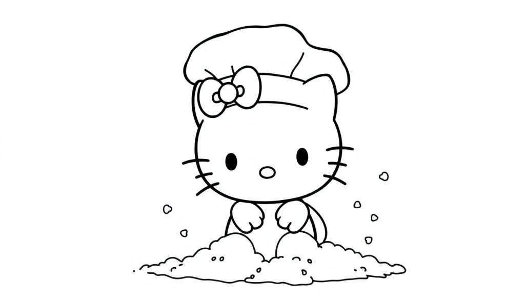 Disegno al tratto di Hello Kitty con cappello da chef seduta in una pila di farina con bollicine, pronto per essere colorato.