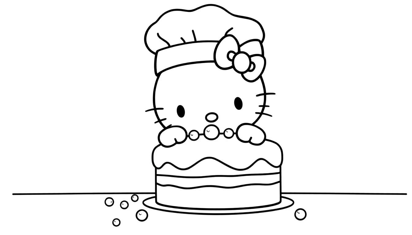 Disegno da colorare di Hello Kitty chef in piedi su una torta a tre strati con glassa ondulata e bolle.