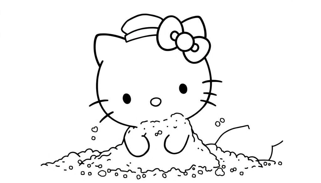 Disegno al tratto di Hello Kitty che gioca in un cumulo di terra con un fiocco e un cappellino, circondata da sassolini.