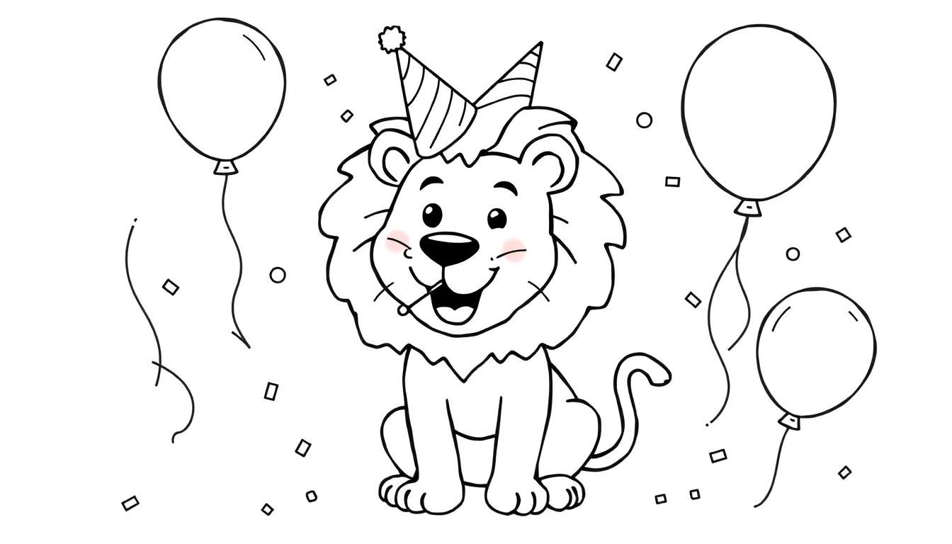 Disegno a linea nera di un leone che festeggia con cappello da festa e lecca-lecca, circondato da palloncini e coriandoli, pronto per essere colorato.