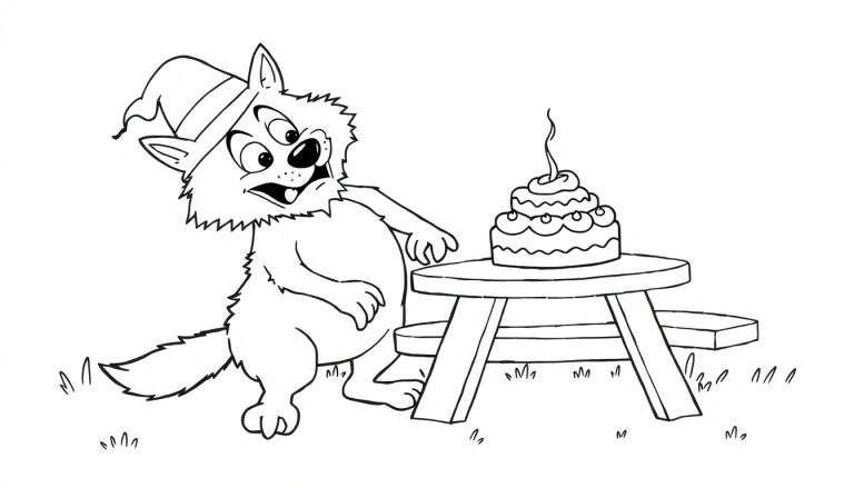 Disegno da colorare di un lupo sorpreso con un cappello da festa che guarda un dolce su un tavolo da picnic.
