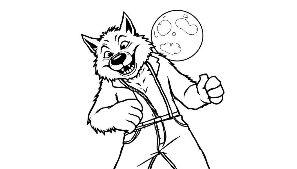 Disegno a linea di un lupo antropomorfo in stile cartone animato, sorridente ed energico, con una giacca aperta, bretelle e pantaloni, davanti a una luna piena piena di dettagli. Design in bianco e nero per colorare.