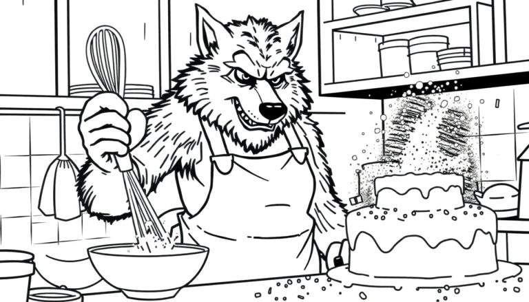 Disegno da colorare di un lupo malizioso con un grembiule che mescola energicamente in una ciotola con una frusta, con una torta glassata e granella sul bancone della cucina.