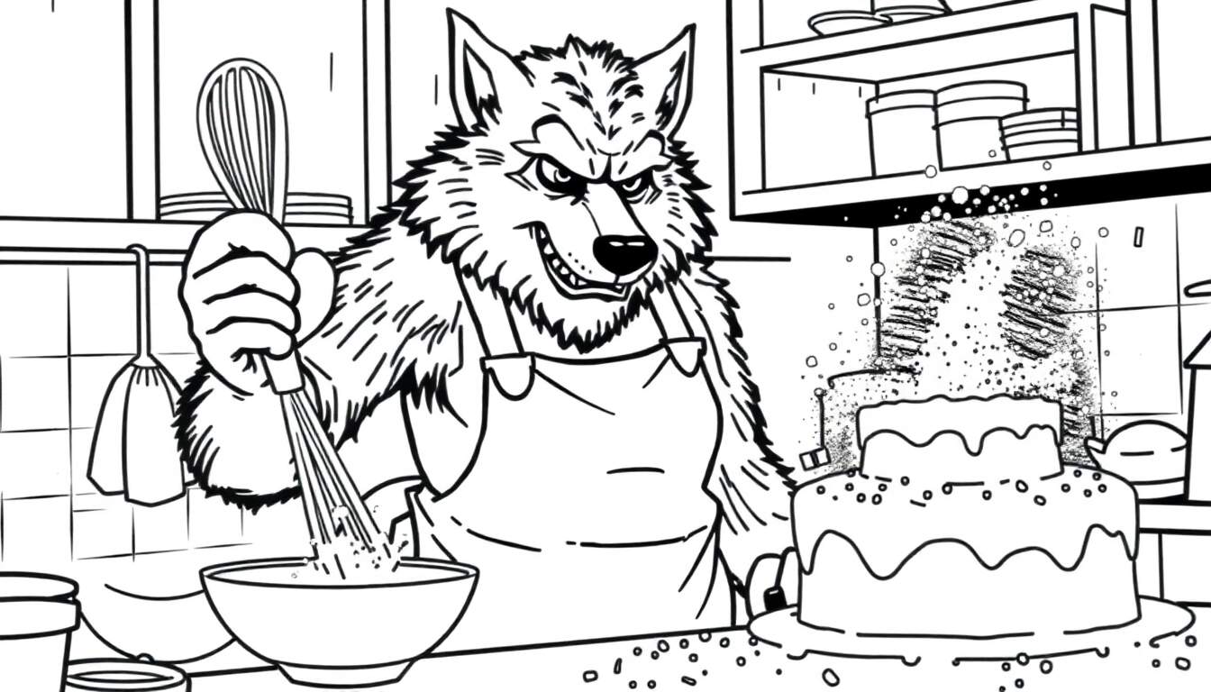 Disegno da colorare di un lupo malizioso con un grembiule che mescola energicamente in una ciotola con una frusta, con una torta glassata e granella sul bancone della cucina.
