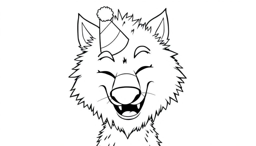 Disegno al tratto di un lupo stilizzato sorridente con gli occhi chiusi e un cappello da festa.