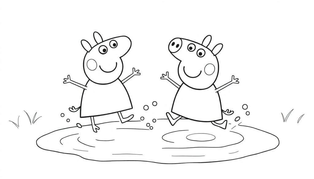 Disegno a linea nera e bianca di due maialini che saltano in una pozzanghera, schizzando acqua.