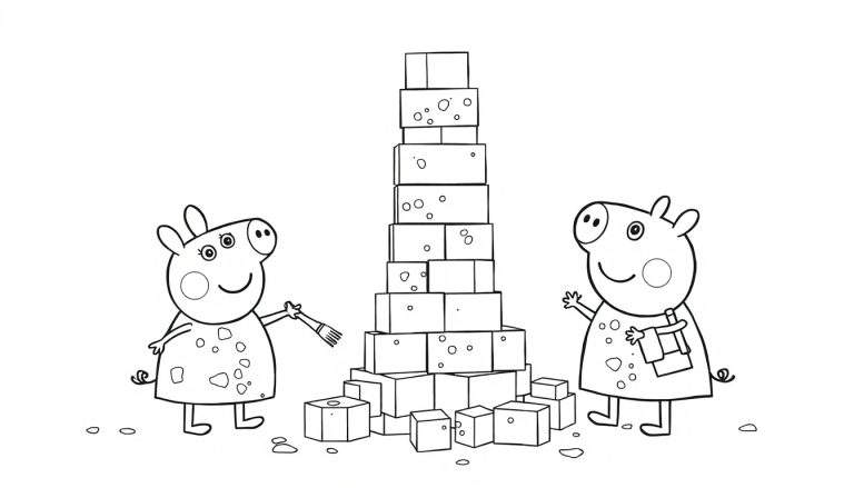 Disegno da colorare di due maialini che costruiscono una torre alta di cubi. Un maialino dipinge i cubi, l'altro li impila. Alcuni cubi hanno fori o decorazioni rotonde.
