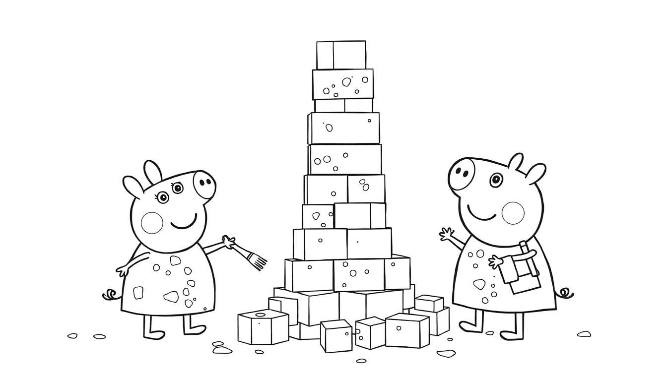 Disegno da colorare di due maialini che costruiscono una torre alta di cubi. Un maialino dipinge i cubi, l'altro li impila. Alcuni cubi hanno fori o decorazioni rotonde.