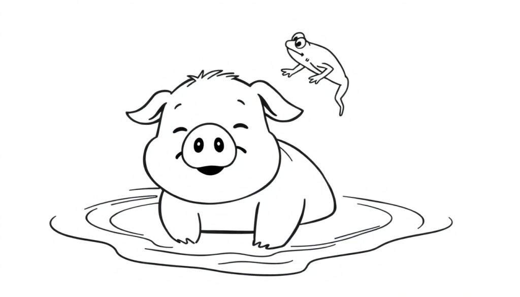 Disegno da colorare di un maialino felice in una pozzanghera di fango con una rana che salta sopra.