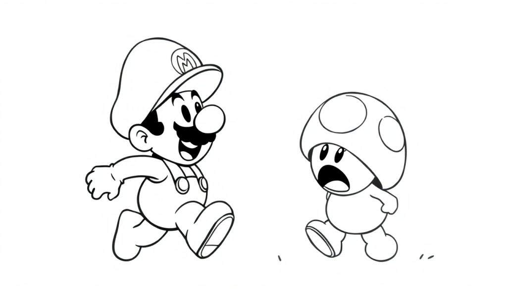 Disegno da colorare di Mario che corre verso un Toad sorpreso.