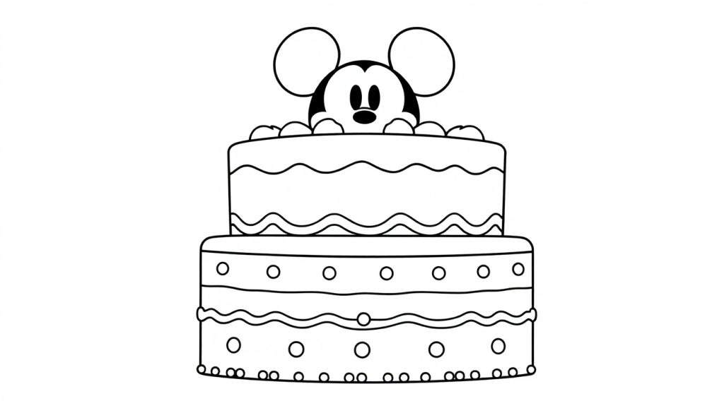 Mickey Mouse sorridente in piedi su una torta a due piani decorata, disegno a linea per colorare.