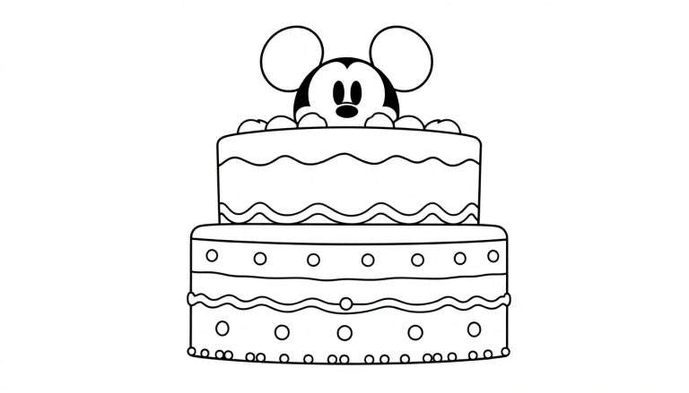 Mickey Mouse sorridente in piedi su una torta a due piani decorata, disegno a linea per colorare.