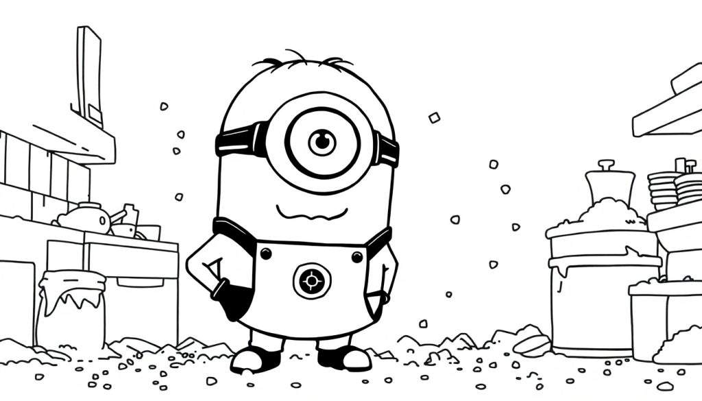 Un disegno da colorare in bianco e nero di un Minion con un occhio solo, occhiali rotondi e tuta da lavoro, in una scena di cucina piena di oggetti come teiere, tazze, barattoli e piatti.