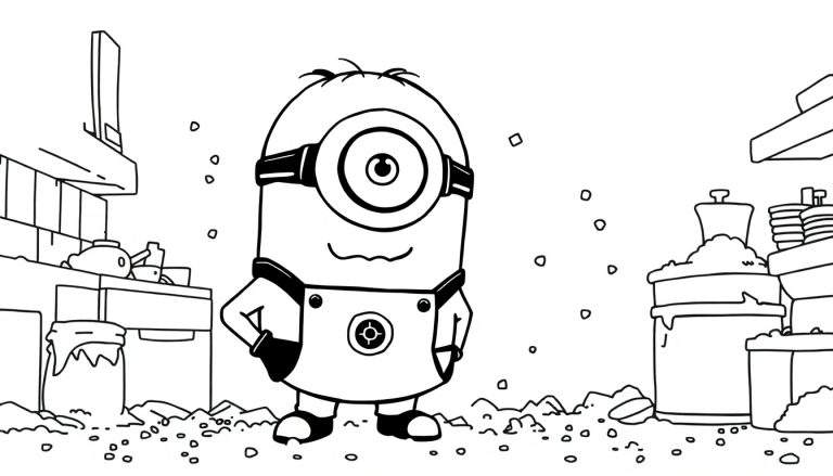 Un disegno da colorare in bianco e nero di un Minion con un occhio solo, occhiali rotondi e tuta da lavoro, in una scena di cucina piena di oggetti come teiere, tazze, barattoli e piatti.
